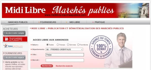 capture d'écran du site midi libre marchés publics