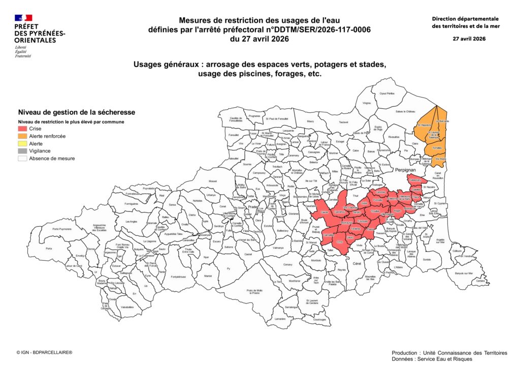 Carte des Pyrénées-Orientales indiquant les niveaux de restriction des usages de l’eau au 27 avril 2026, avec la commune de Théza classée en niveau de crise sécheresse.