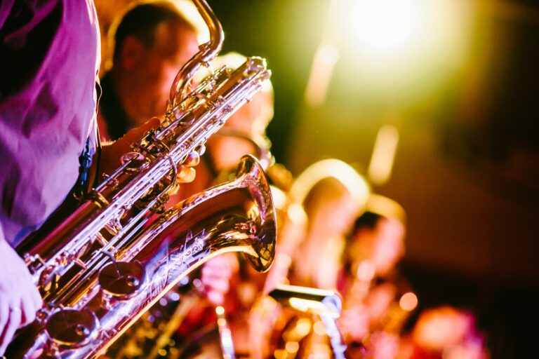Saxophoniste sur scène lors d’un concert avec des musiciens et des éclairages de spectacle.